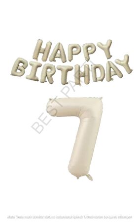 Bej Rengi Happy Bırthday ve Rakam Folyo Balon Seti Yaş 7