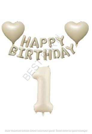 Bej Rengi Happy Bırthday Set Kalp ve Rakam Folyo Balon Seti Yaş 1