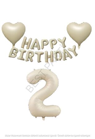 Bej Rengi Happy Bırthday Set Kalp ve Rakam Folyo Balon Seti Yaş 2