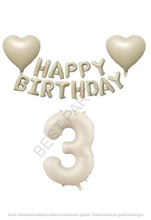 Bej Rengi Happy Bırthday Set Kalp ve Rakam Folyo Balon Seti Yaş 3