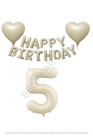 Bej Rengi Happy Bırthday Set Kalp ve Rakam Folyo Balon Seti Yaş 5