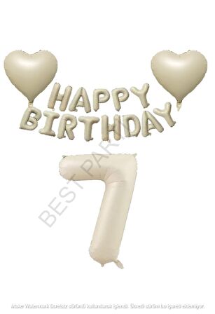 Bej Rengi Happy Bırthday Set Kalp ve Rakam Folyo Balon Seti Yaş 7