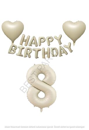 Bej Rengi Happy Bırthday Set Kalp ve Rakam Folyo Balon Seti Yaş 8