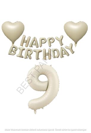 Bej Rengi Happy Bırthday Set Kalp ve Rakam Folyo Balon Seti Yaş 9