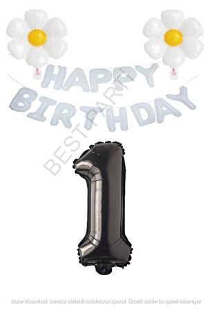 Beyaz Happy Bırthday Set Papatya ve Siyah Rakam Folyo Balon Seti Yaş 1