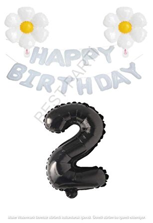 Beyaz Happy Bırthday Set Papatya ve Siyah Rakam Folyo Balon Seti Yaş 2
