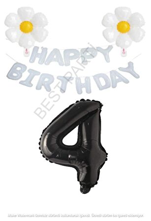 Beyaz Happy Bırthday Set Papatya ve Siyah Rakam Folyo Balon Seti Yaş 4