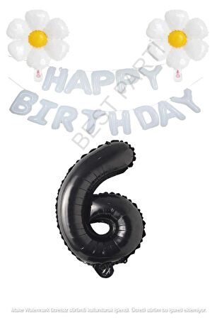 Beyaz Happy Bırthday Set Papatya ve Siyah Rakam Folyo Balon Seti Yaş 6