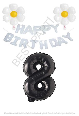 Beyaz Happy Bırthday Set Papatya ve Siyah Rakam Folyo Balon Seti Yaş 8