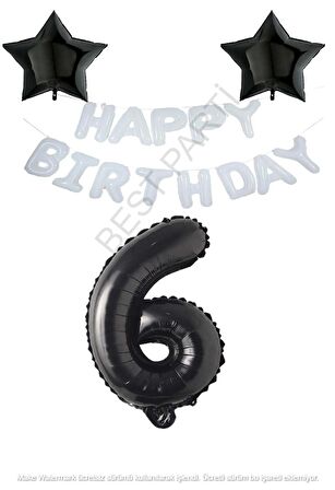 Beyaz Happy Bırthday Set Siyah Yıldız ve Rakam Folyo Balon Seti Yaş 6