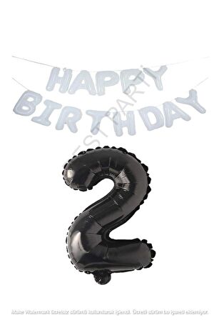 Beyaz Happy Bırthday Set ve Siyah Rakam Folyo Balon Seti Yaş 2