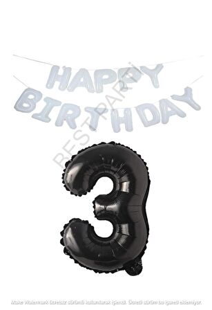 Beyaz Happy Bırthday Set ve Siyah Rakam Folyo Balon Seti Yaş 3