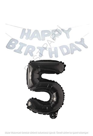 Beyaz Happy Bırthday Set ve Siyah Rakam Folyo Balon Seti Yaş 5