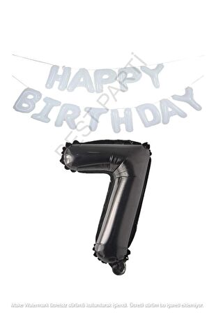 Beyaz Happy Bırthday Set ve Siyah Rakam Folyo Balon Seti Yaş 7