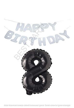 Beyaz Happy Bırthday Set ve Siyah Rakam Folyo Balon Seti Yaş 8
