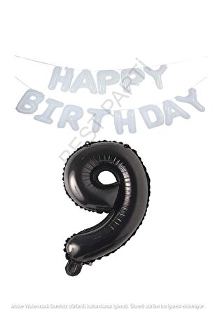 Beyaz Happy Bırthday Set ve Siyah Rakam Folyo Balon Seti Yaş 9