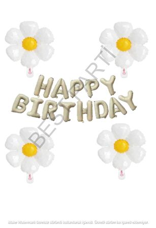 Bej Rengi Happy Bırthday Set ve Papatya Folyo Balon Seti 
