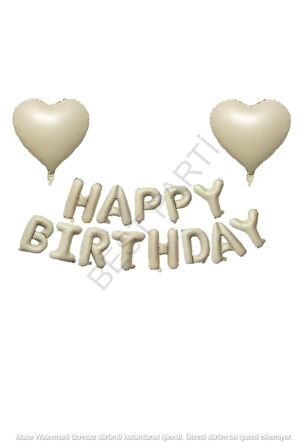 Bej Renk Kalp Folyo Balon ve Happy Bırthday Folyo Balon Seti