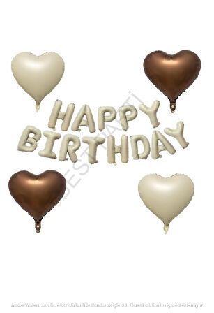 Bej ve Kahverengi Kalp Folyo Balon ve Happy Bırthday Folyo Balon Seti