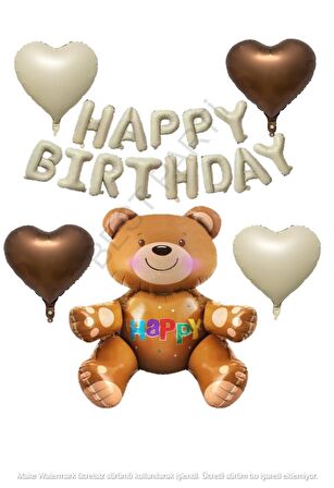 Bej ve Kahverengi Kalp Folyo Balon Oturan Ayı ve Happy Bırthday Folyo Balon Seti