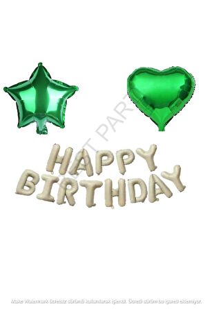 Yeşil Kalp Yıldız Folyo Balon ve Happy Bırthday Folyo Balon Seti