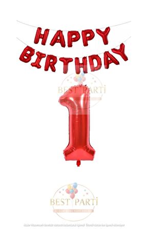 Kırmızı Renk Happy Bırthday ve Rakam Folyo Balon Seti Yaş 1