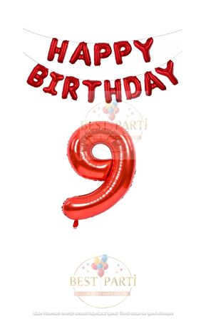 Kırmızı Renk Happy Bırthday ve Rakam Folyo Balon Seti Yaş 9