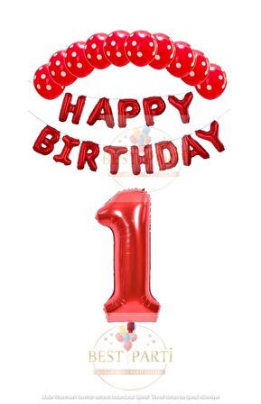Kırmızı Renk Happy Bırthday Rakam Folyo Balon  Puanlı Balon Seti Yaş 1
