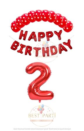 Kırmızı Renk Happy Bırthday Rakam Folyo Balon  Puanlı Balon Seti Yaş 2