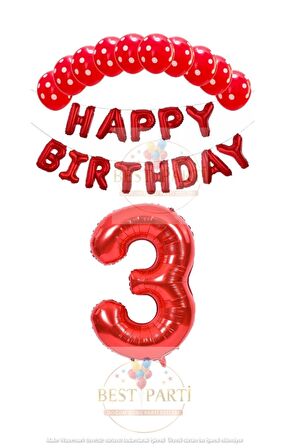 Kırmızı Renk Happy Bırthday Rakam Folyo Balon  Puanlı Balon Seti Yaş 3