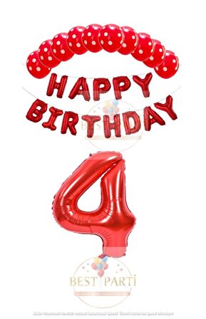 Kırmızı Renk Happy Bırthday Rakam Folyo Balon  Puanlı Balon Seti Yaş 4