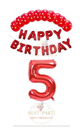 Kırmızı Renk Happy Bırthday Rakam Folyo Balon  Puanlı Balon Seti Yaş 5