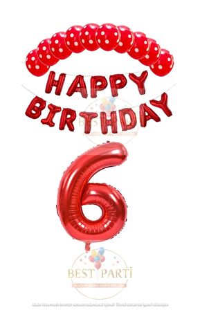Kırmızı Renk Happy Bırthday Rakam Folyo Balon  Puanlı Balon Seti Yaş 6