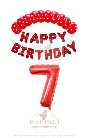 Kırmızı Renk Happy Bırthday Rakam Folyo Balon  Puanlı Balon Seti Yaş 7