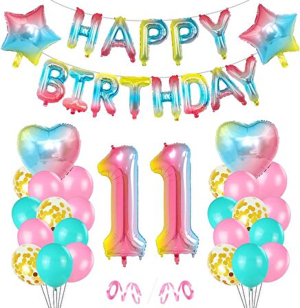 Gökkuşağı Renk  Happy Bırthday Yıldız Kalp Rakam Folyo Balon Seti Yaş 11