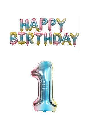 Gökkuşağı Renk  Happy Bırthday ve Rakam Folyo Balon Seti Yaş 1