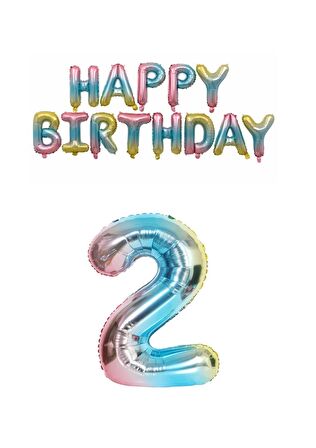 Gökkuşağı Renk  Happy Bırthday ve Rakam Folyo Balon Seti Yaş 2