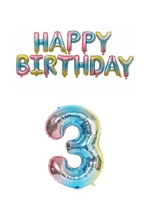 Gökkuşağı Renk  Happy Bırthday ve Rakam Folyo Balon Seti Yaş 3