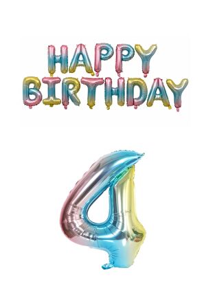 Gökkuşağı Renk  Happy Bırthday ve Rakam Folyo Balon Seti Yaş 4