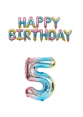 Gökkuşağı Renk  Happy Bırthday ve Rakam Folyo Balon Seti Yaş 5