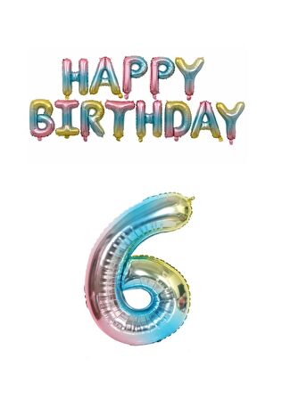 Gökkuşağı Renk  Happy Bırthday ve Rakam Folyo Balon Seti Yaş 6