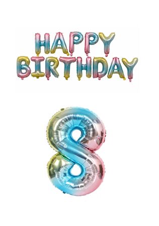 Gökkuşağı Renk  Happy Bırthday ve Rakam Folyo Balon Seti Yaş 8