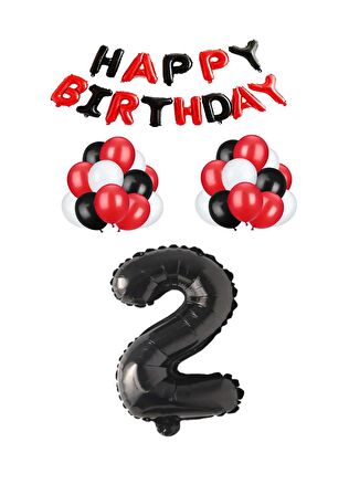 Siyah Kırmızı Happy Bırthday Siyah Rakam Folyo ve Latex Balon Seti Yaş 2