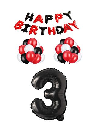 Siyah Kırmızı Happy Bırthday Siyah Rakam Folyo ve Latex Balon Seti Yaş 3
