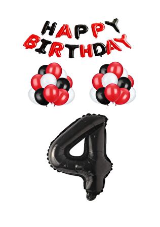 Siyah Kırmızı Happy Bırthday Siyah Rakam Folyo ve Latex Balon Seti Yaş 4