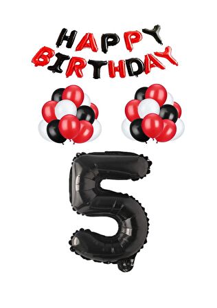 Siyah Kırmızı Happy Bırthday Siyah Rakam Folyo ve Latex Balon Seti Yaş 5