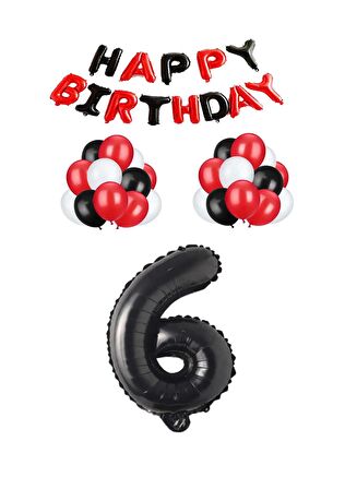 Siyah Kırmızı Happy Bırthday Siyah Rakam Folyo ve Latex Balon Seti Yaş 6