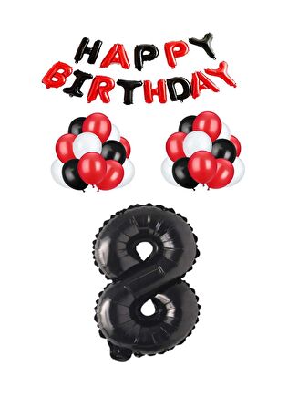 Siyah Kırmızı Happy Bırthday Siyah Rakam Folyo ve Latex Balon Seti Yaş 8