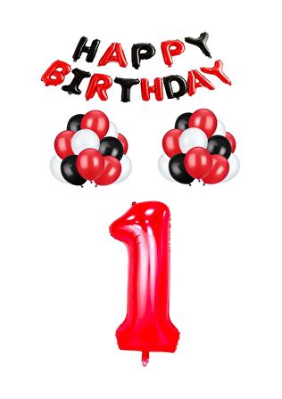 Siyah Kırmızı Happy Bırthday Kırmızı Rakam Folyo ve Latex Balon Seti Yaş 1