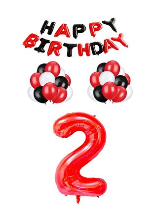 Siyah Kırmızı Happy Bırthday Kırmızı Rakam Folyo ve Latex Balon Seti Yaş 2